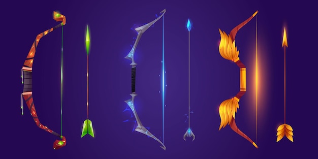 Free vector cartoon set of fantasy bows and arrows