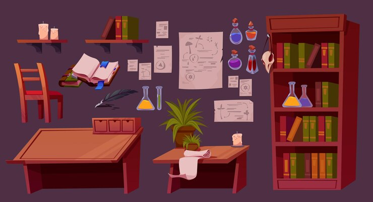 Free Vector cartoon set of furniture for alchemist room