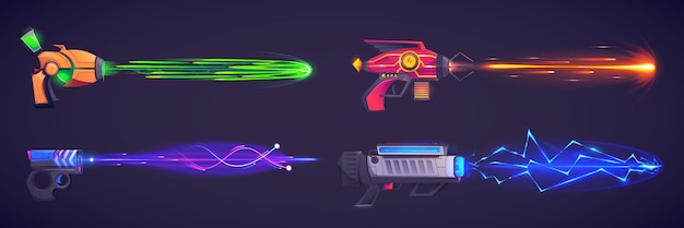 Vettore gratuito set di cartoni animati di pistole laser di gioco futuristico