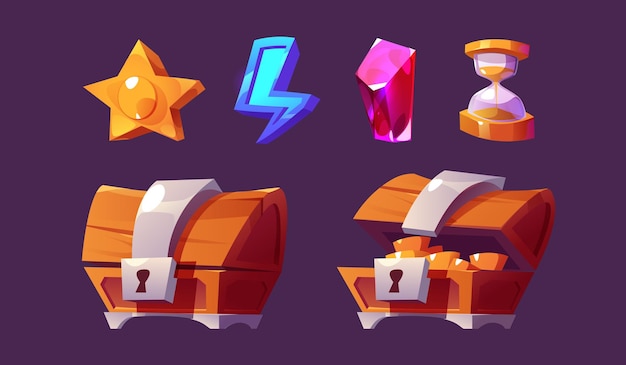 Free vector cartoon set of game ui icons isolated on background vector illustration of open and closed wooden treasure chest with money golden star blue lightning bolt hourglass online casino slot symbols