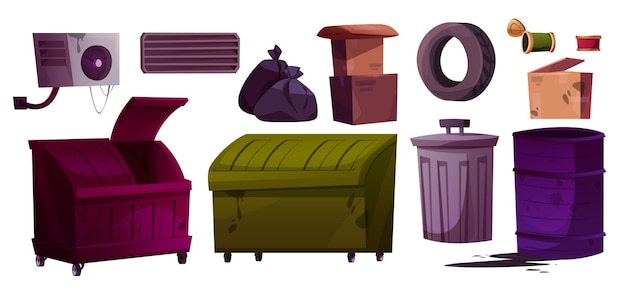 Cartoon set of garbage and waste containers