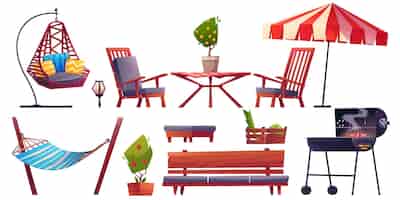 Free vector cartoon set of garden furniture isolated on white