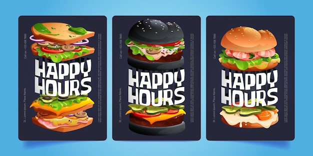 Cartoon set of happy hours promo flyer templates