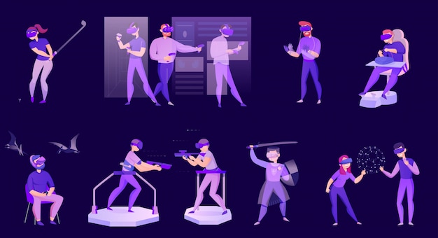 Cartoon set of icons with people wearing virtual reality glasses isolated on dark  