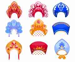 Free vector cartoon set of kokoshniks, traditional russian woman headdress