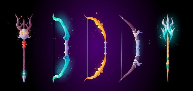 Free vector cartoon set of magic bows and triden staffs