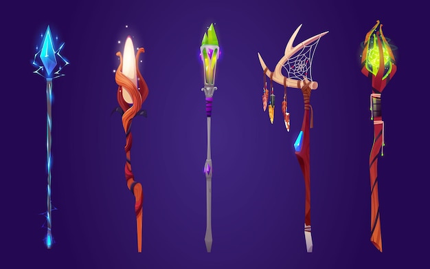 Free vector cartoon set of magic power staffs