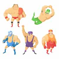 Vettore gratuito cartoon set di combattenti wrestler messicani in maschere. illustrazione