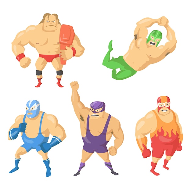 Cartoon set of Mexican wrestler fighters in masks. illustration