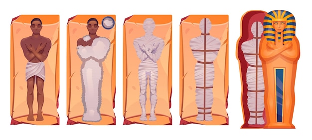 Vettore gratuito set di cartoni animati di fasi del processo di mummificazione