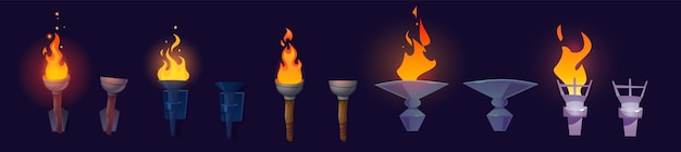 Бесплатное векторное изображение Мультяшный набор горящих и потухших факелов