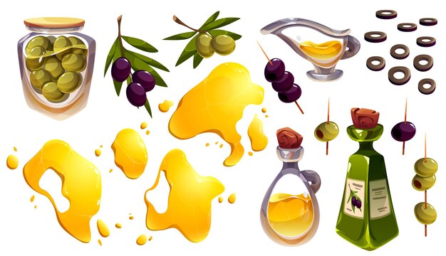 Cartoon set of olive tree branches oil splashes