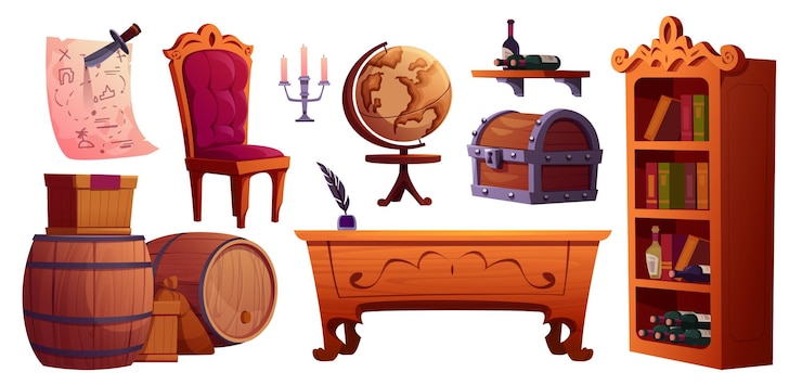 Free Vector cartoon set of pirate cabin furniture on white