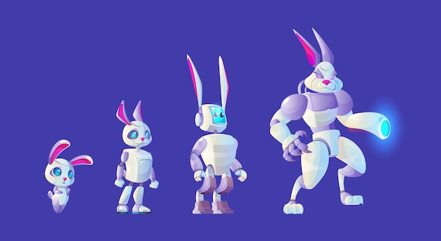 Cartoon set of rabbit robot evolution levels Vector illustration of futuristic ai character progress from small bunny to animal cyborg with paws aggressive eyes laser weapon Tech development
