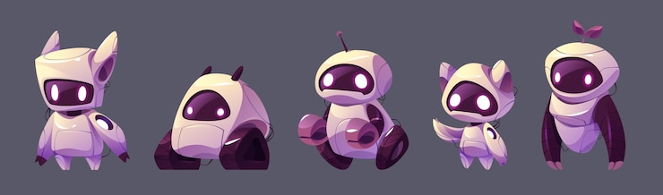 Free Vector cartoon set of robot characters isolated on background vector illustration of futuristic ai cyborgs with wheels tracks wires led light eyes on screen face and arms modern technology development