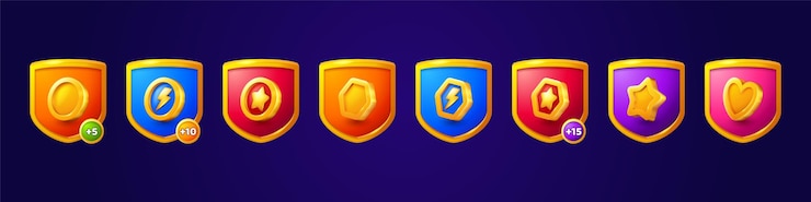 Free Vector cartoon set of shield game badges on background