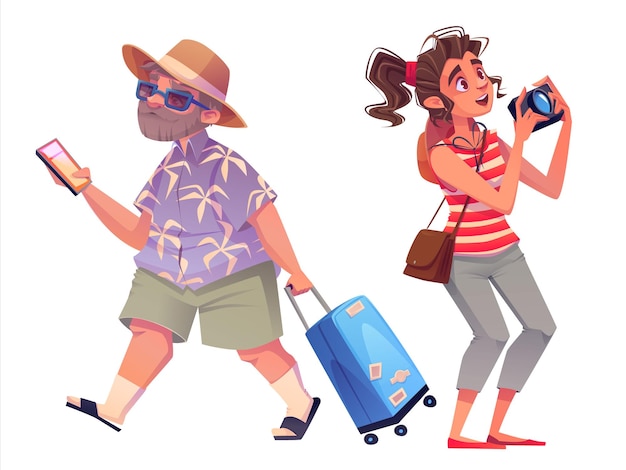 Cartoon set of tourist characters isolated on white background vector illustration of senior man with suitcase and smartphone in hand excited young woman taking photos with camera vacation travel