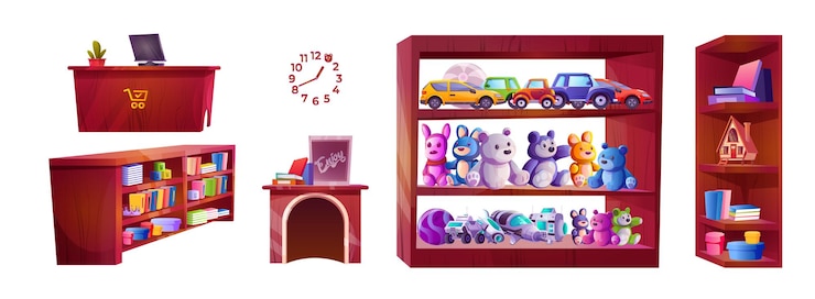 Free Vector cartoon set of toy shop furniture and goods