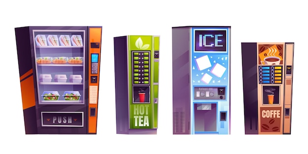 Cartoon set of vending machines on white