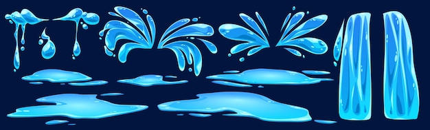 Free vector cartoon set of water splash drops waterfall