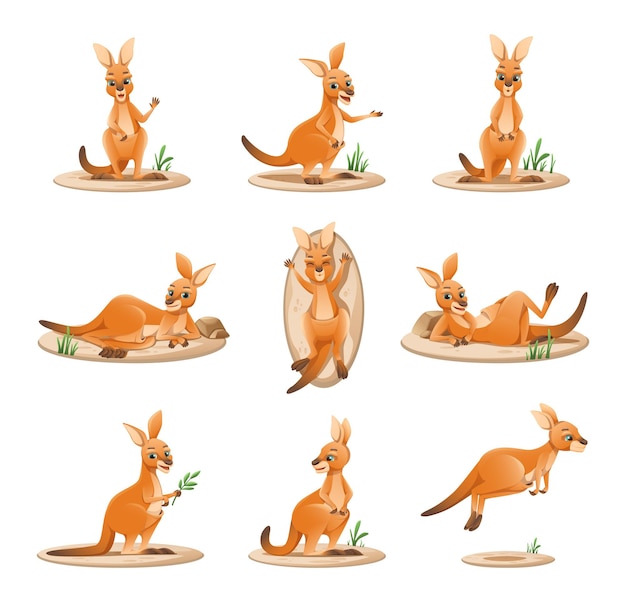 Free vector cartoon set with cute funny kangaroo character in different situations isolated against blank background vector illustration