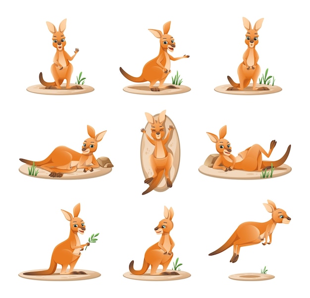 Мультяшный набор с милым забавным персонажем кенгуру в разных ситуациях, изолированных на пустой фоновой векторной иллюстрации