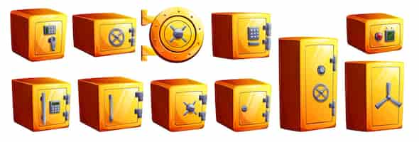 Free vector cartoon set of yellow safe boxes isolated on white