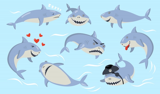 Free vector cartoon shark different emotions set