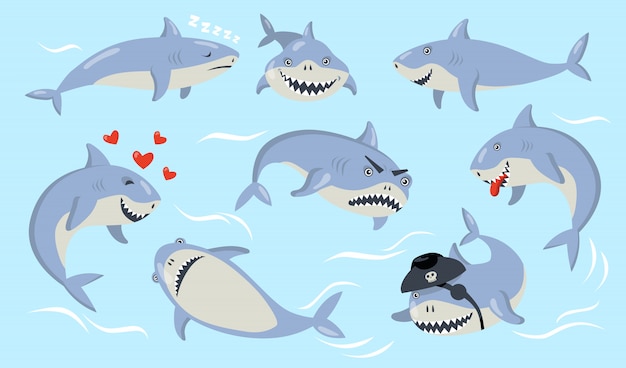 Cartoon shark different emotions set