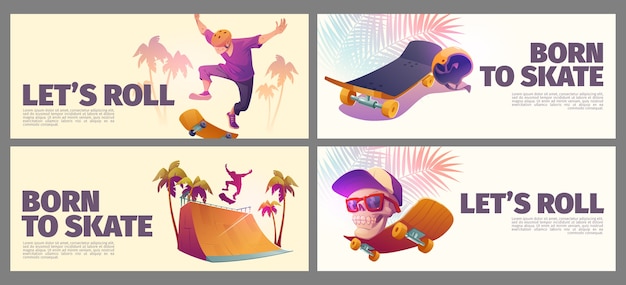 Free vector cartoon skateboarding horizontal banners set