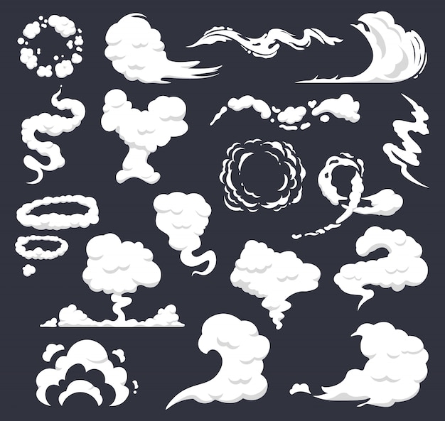 만화 연기. 만화 구름, 김이 나는 연기 흐름, 증기 폭발 구름. 먼지, 스모그 및 연기 구름 아이콘을 설정합니다. 폭발 연기 화이트, 모션 퍼프 구름 그림