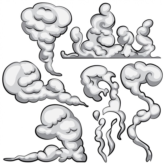 煙雲の漫画パターンのセットです 爆風 コミックフォグパフ 蒸気雲 水蒸気または粉塵爆発要素 プレミアムベクター