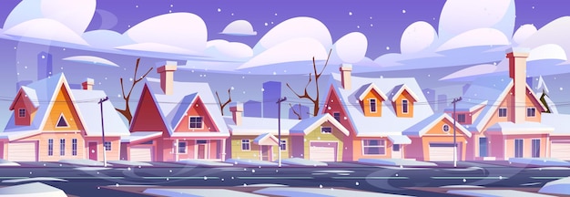 Free vector cartoon snowy winter street in suburban town