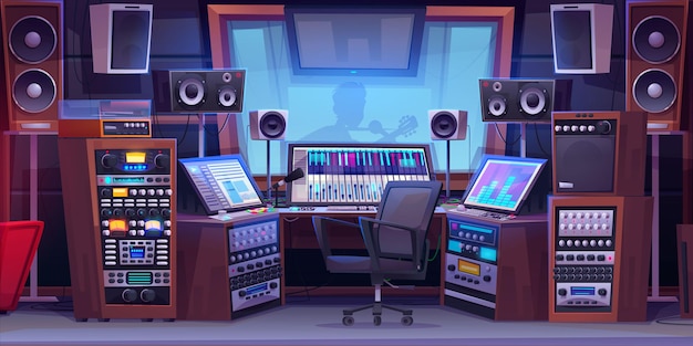 Free vector cartoon sound recording studio with equipment and silhouette of singer playing guitar behind glass vector illustration of professional music mixer with buttons and wires loudspeaker microphone