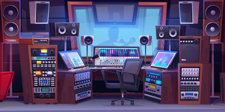 Free Vector cartoon sound recording studio with equipment and silhouette of singer playing guitar behind glass vector illustration of professional music mixer with buttons and wires loudspeaker microphone