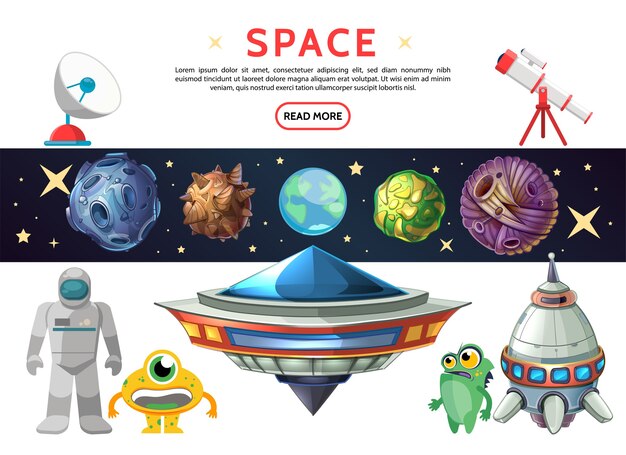 Cartoon space composition with earth planet asteroids meteors cosmonaut ufo spaceship funny