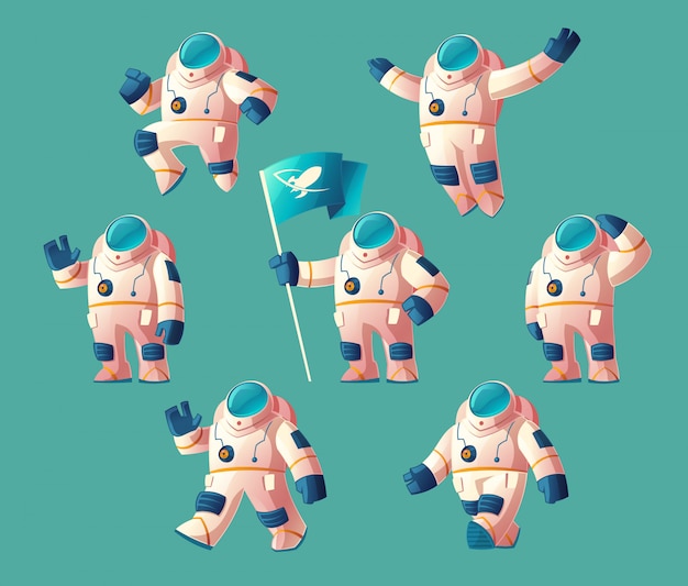 Free Vector cartoon spaceman, moving cosmonaut in spacesuit, helmet isolated on blue background