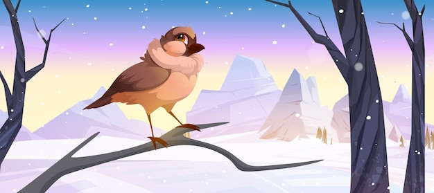 Free vector cartoon sparrow bird sitting on branch at wild nature wintertime background with falling snow bare trees and mountain peaks cute birdie with brown feathers at winter landscape vector illustration