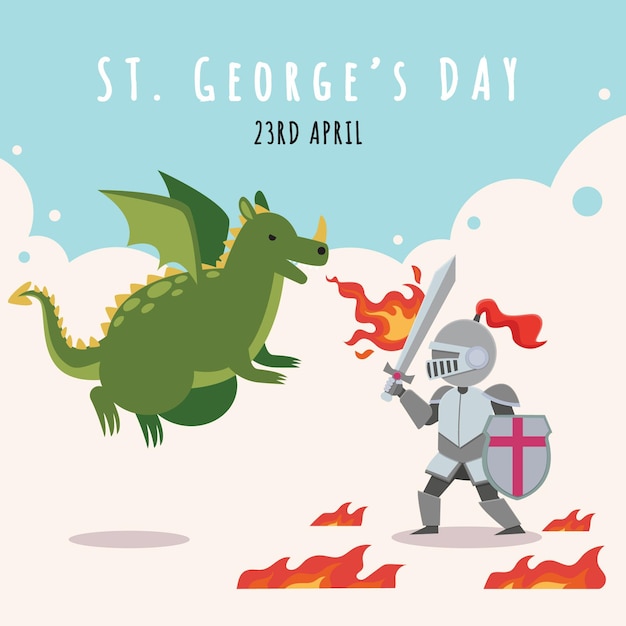 Cartoon st. george's day illustration with dragon and knight