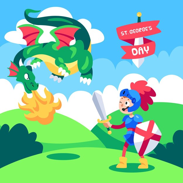 Free vector cartoon st. george's day illustration with dragon and knight