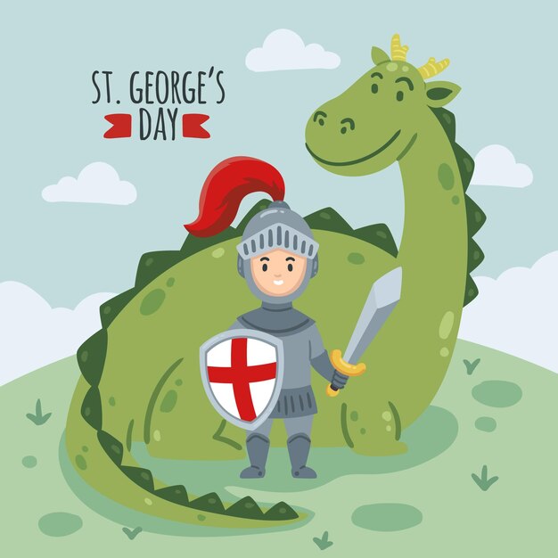 Cartoon st. george's day illustration with dragon and knight