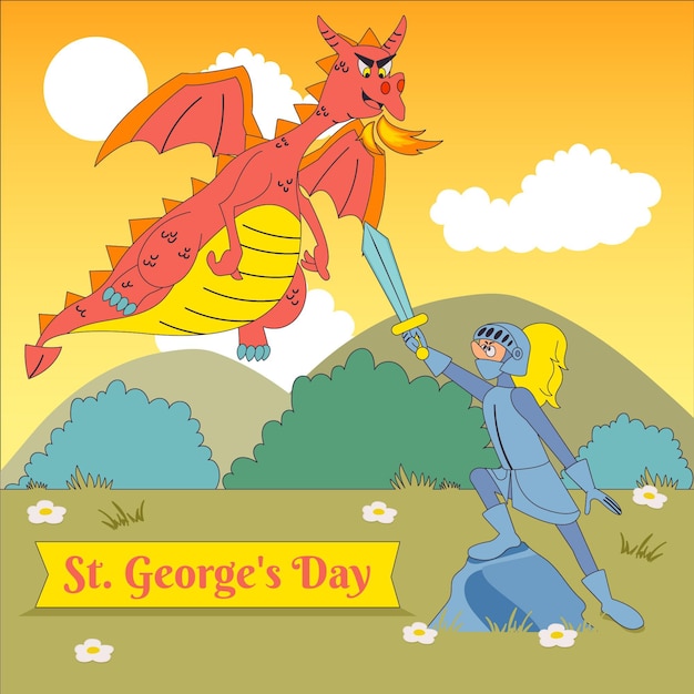 Cartoon st. george's day illustration with dragon and knight