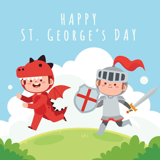 Cartoon st. george's day illustration with knight and dragon