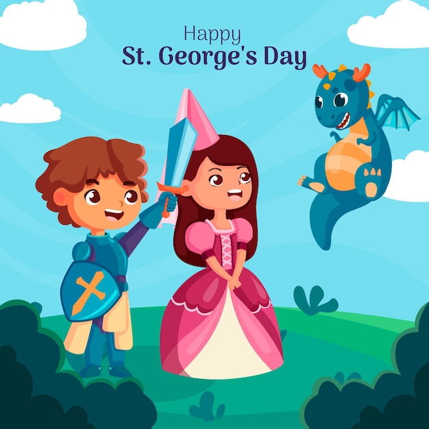 Cartoon st. illustrazione del giorno di george con cavaliere e principessa