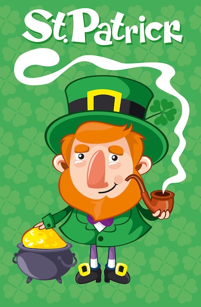 Vettore gratuito cartoon st patrick day poster con leprechaun tubo di fumo e calderone con monete d'oro su sfondo verde trifoglio illustrazione vettoriale