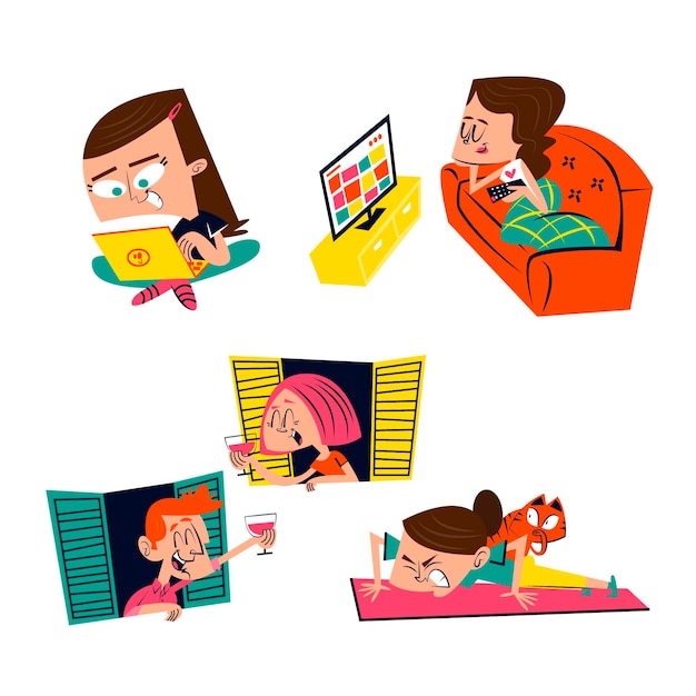 Free vector cartoon stay at home sticker collection