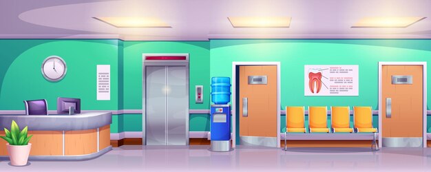 Cartoon stomatology clinic or hospital Interior of empty dental hall or waiting room with chair elevator reception and doctor office doors Tooth treatment oral care and teeth hygiene concept