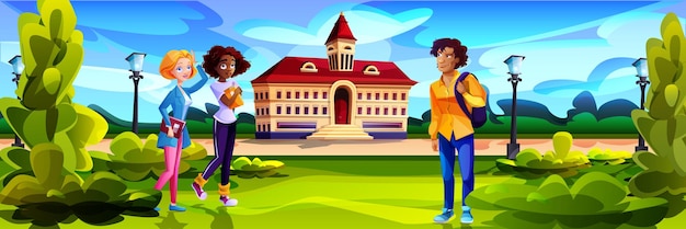 Студенты мультфильмов перед зданием кампуса колледжа