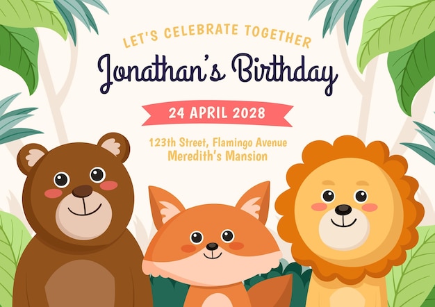 Free vector cartoon style animals birthday invitation