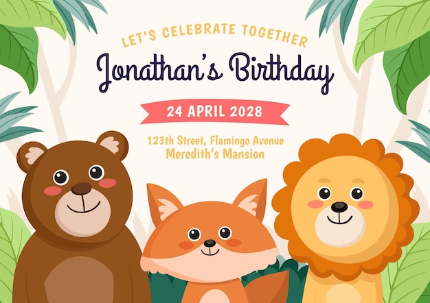 Cartoon style animals birthday invitation